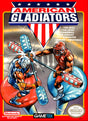 Box art for 'American Gladiators' video game featuring two gladiators and American flag design.